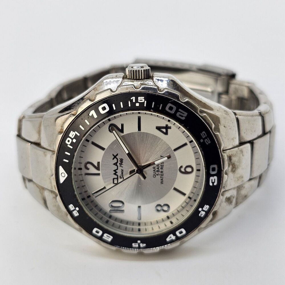 OMAX Men's Watch 45MM Gray Dial Black Bezel‎ Gray Bracelet Band 7" New Battery